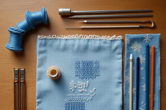 テーブルに並べられた刺し子の針、糸、布