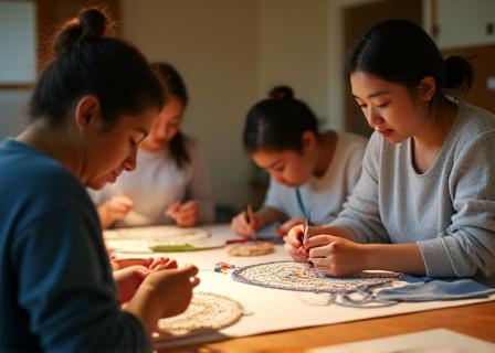 刺し子教室で参加者が熱心に針を動かしている